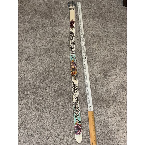ED HARDY Belt White Distressed Medium Vintage Y2K Rhinestones - Picture 4 of 11